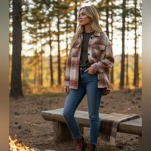 Thread & Supply Plaid Brushed Fleece Orange Sunset Flap Pocket Shirt Jacket